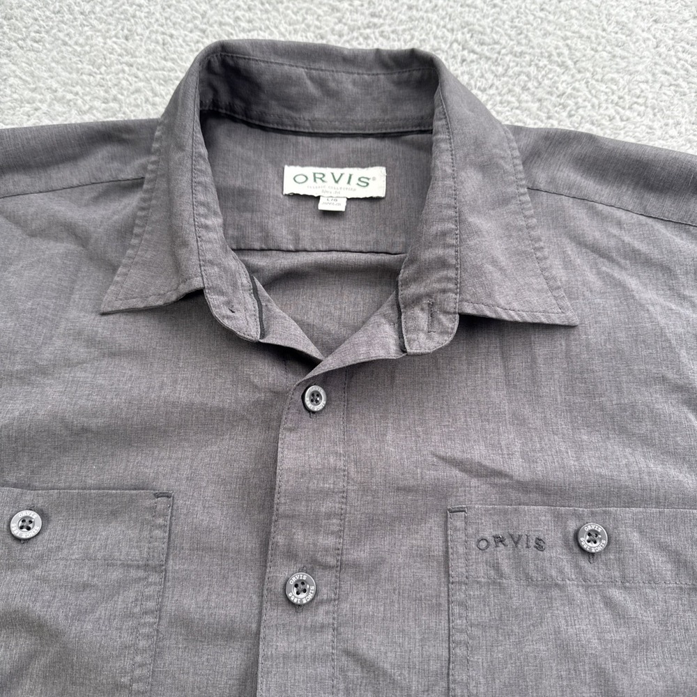 Orvis Button Down Shirt Mens Large Gray Solid Short Sleeve Lightweight Pockets